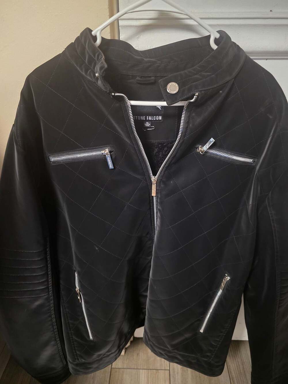 Stone Falcon Quilted Faux Leather Moto Jacket Size XL Black